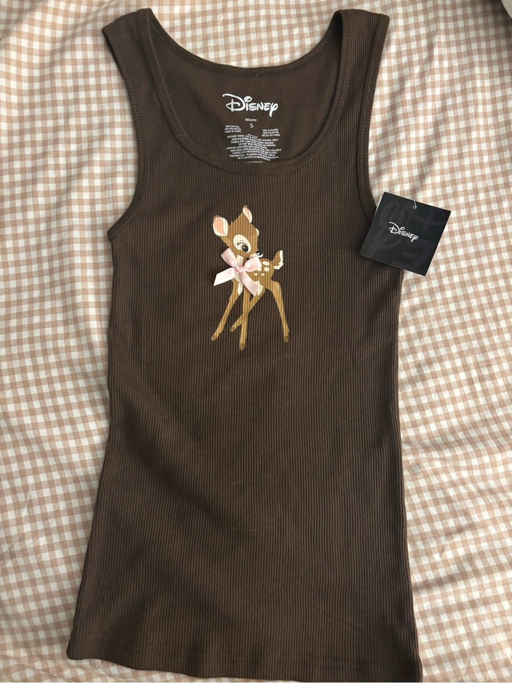 Disney Brown Ribbed Tank with Bambi and Pink Bow